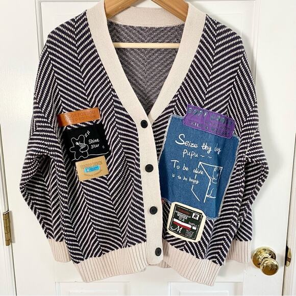 LEDiN Women's Cute PuPu Patch Oversized Cardigan Sweater Navy Cream Chevron M - Picture 13 of 13